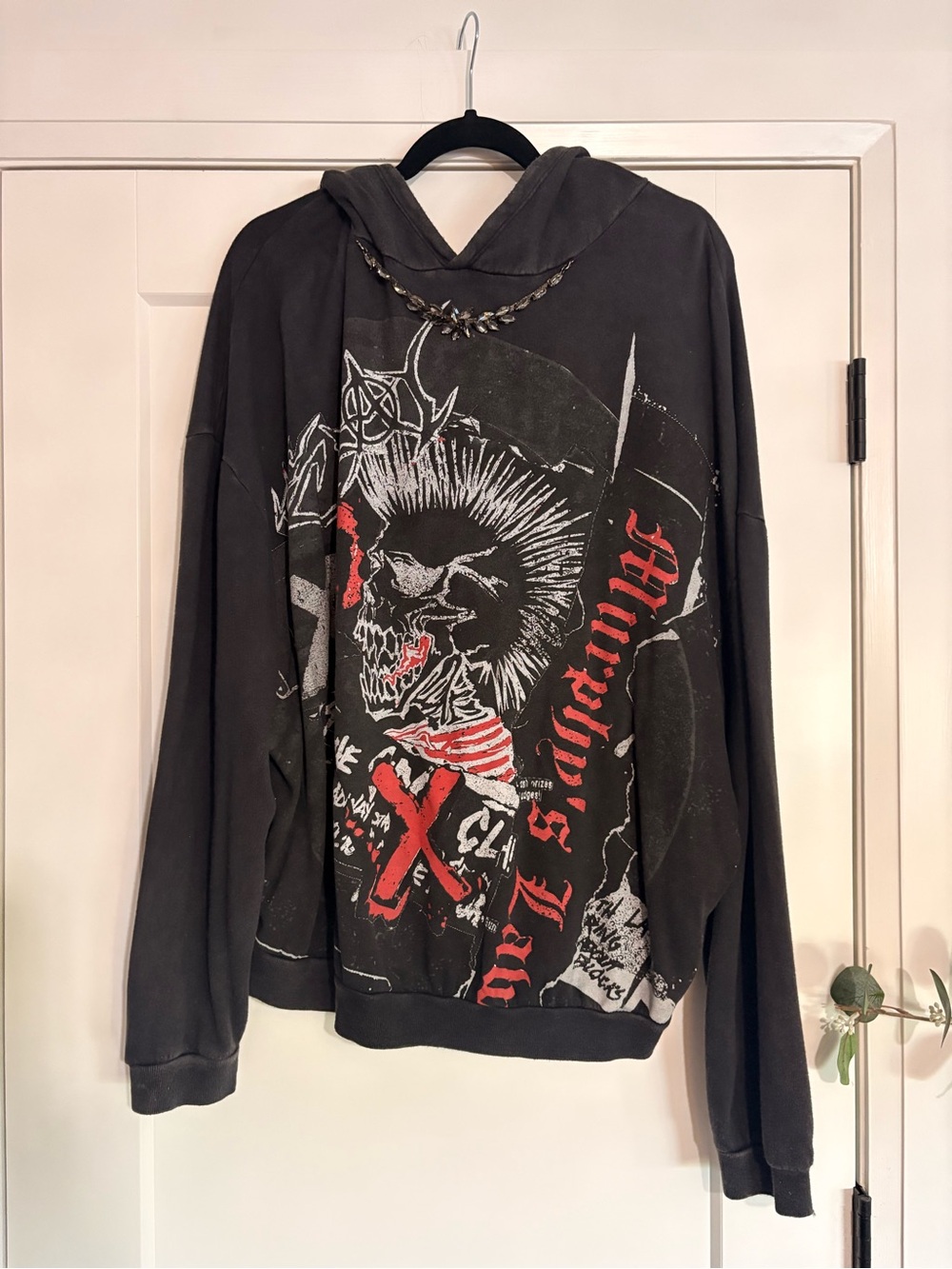 The Kooples Black Graphic Punk Skull Hoodie with Red Accents